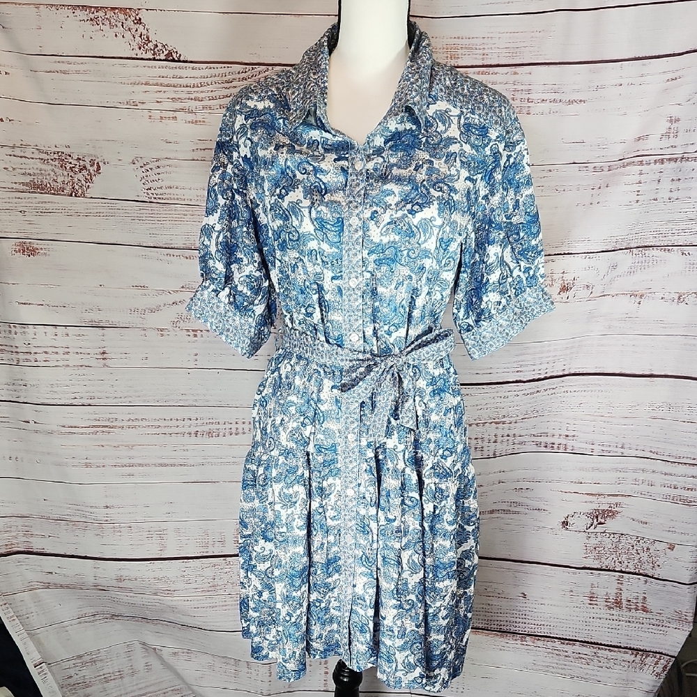 Blue and White Pleated Mini Dress with Puff Sleeves